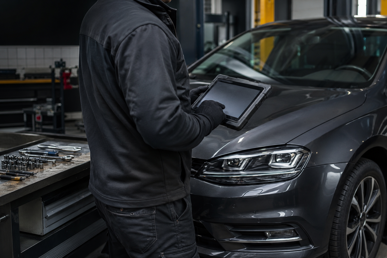Mechanikas atlieka automobilio kompiuterinę diagnostiką