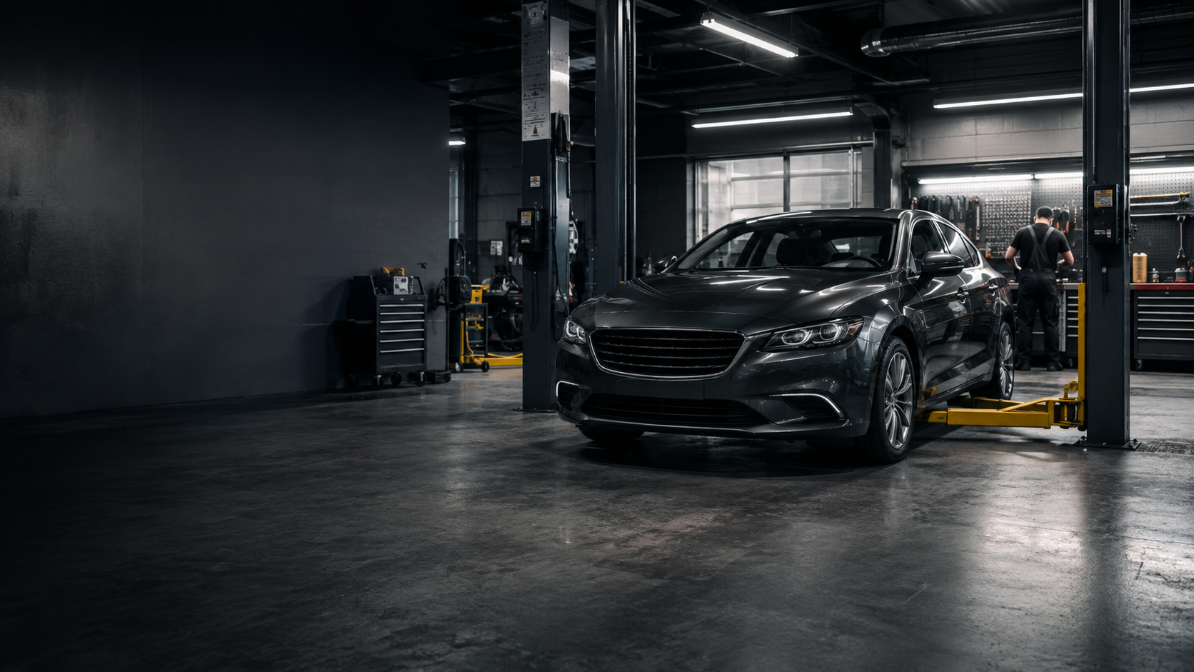 Modernus AutoMeka autoservisas ir automobilis serviso zonoje